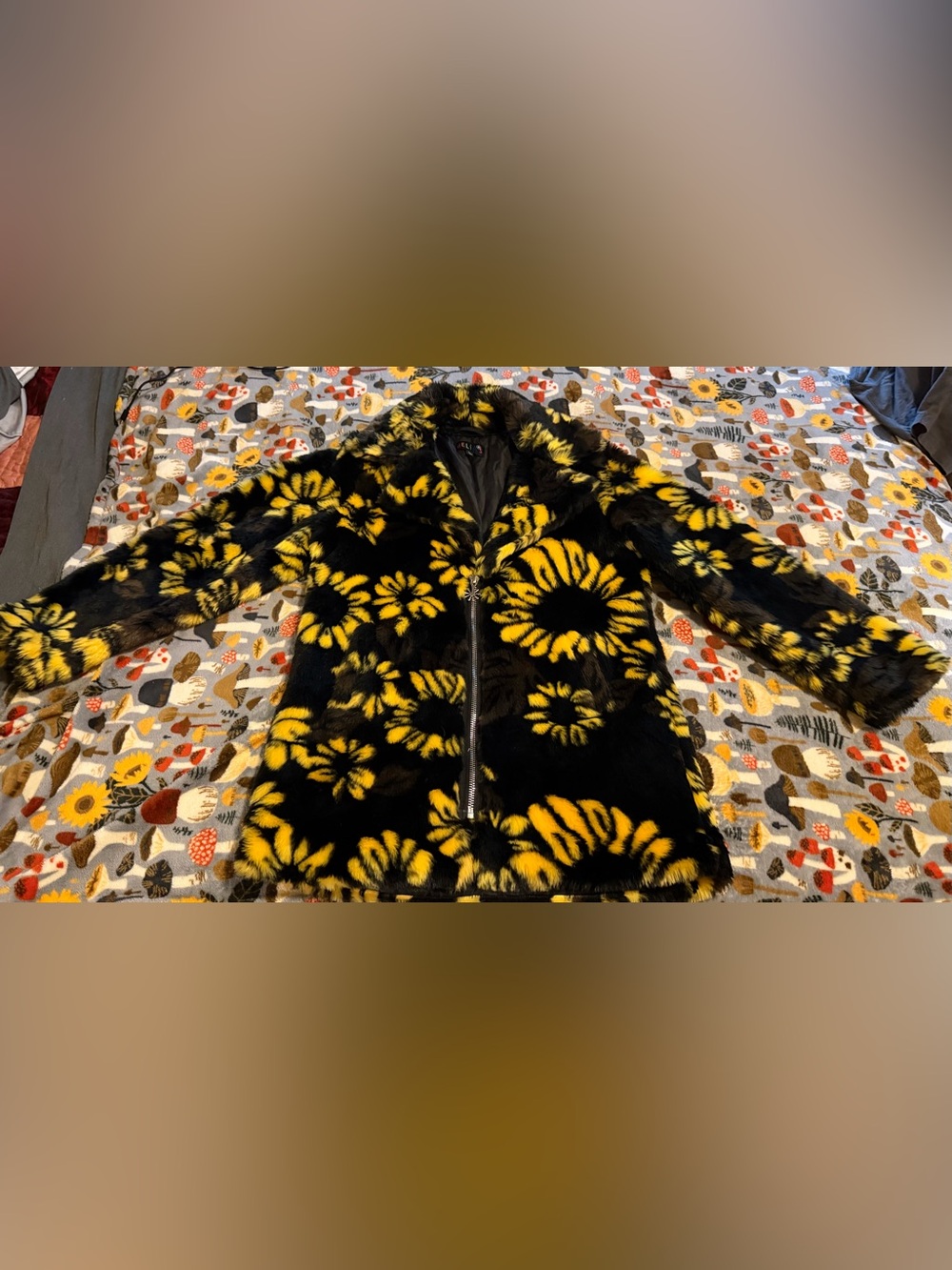 dELiA*s Black Jacket with Sunflower Print Faux Fur